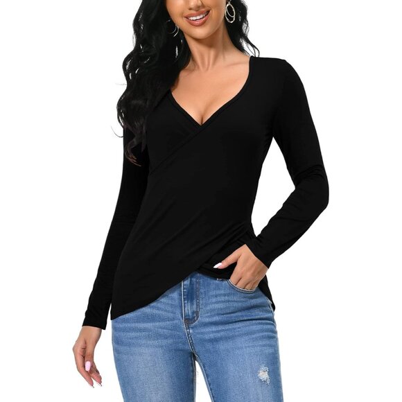 Women V-Neck Long Sleeve Slim Shirt Blouse Black Plus Size - Picture 2 of 7